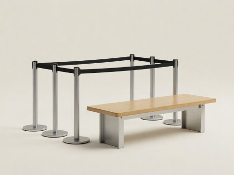 Soft-lit render of generic queue markers and a preparation bench on a plain cream background